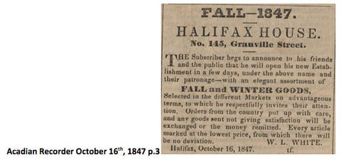 Clipping re the W. L. White Halifax House farthing from the Acadian Recorder October 16th, 1847