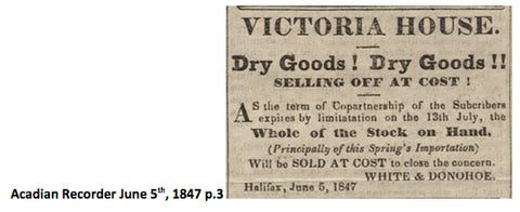 Victoria House newspaper clipping from the Acadian Recorder Jue 5th, 1847