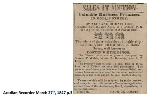 Acadian recorder newspaper clipping from March 27th, 1847 re Costin's Buildings