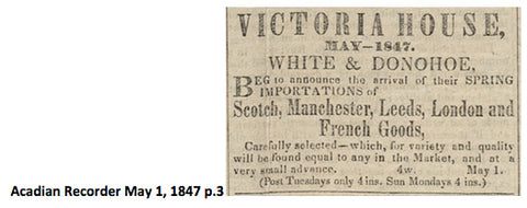 Acadian Recorder newspaper clipping from May 1, 1847 re Victoria House, White & Donohoe