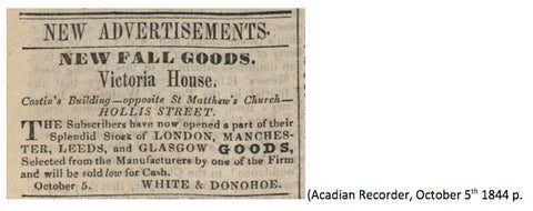 Acadian Recorder newspaper clipping from October 5th, 1844 re Victoria House advertisement