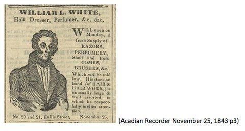 Acadian Recorder newspaper clipping from November 25, 1843 depicting Whilliam L. White