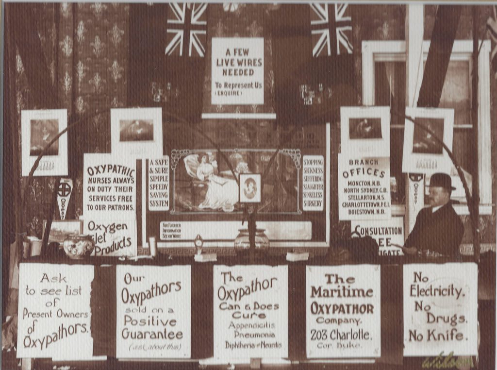 Maritime Oxypathor Co promotional booth from the 1900s