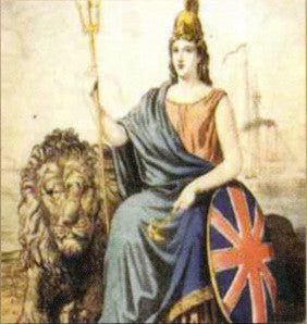 Britannia Numismatics logo of a Britannia with Union Flag shield and a lion