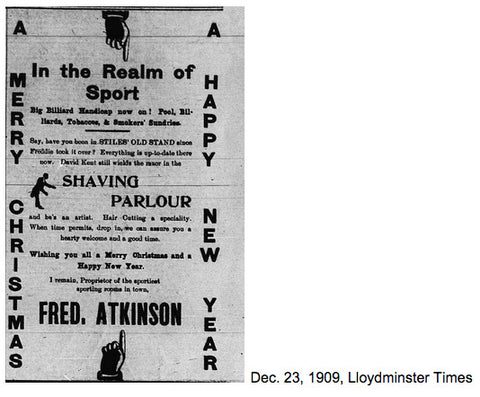Clipping from the Lloydminster Times in Dec 1909 re Fred Atkinson's shaving partlour new year deal