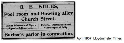 Clipping from the Lloydminster Times in April 1907 regarding G.E. Stiles pool room and bowling alley